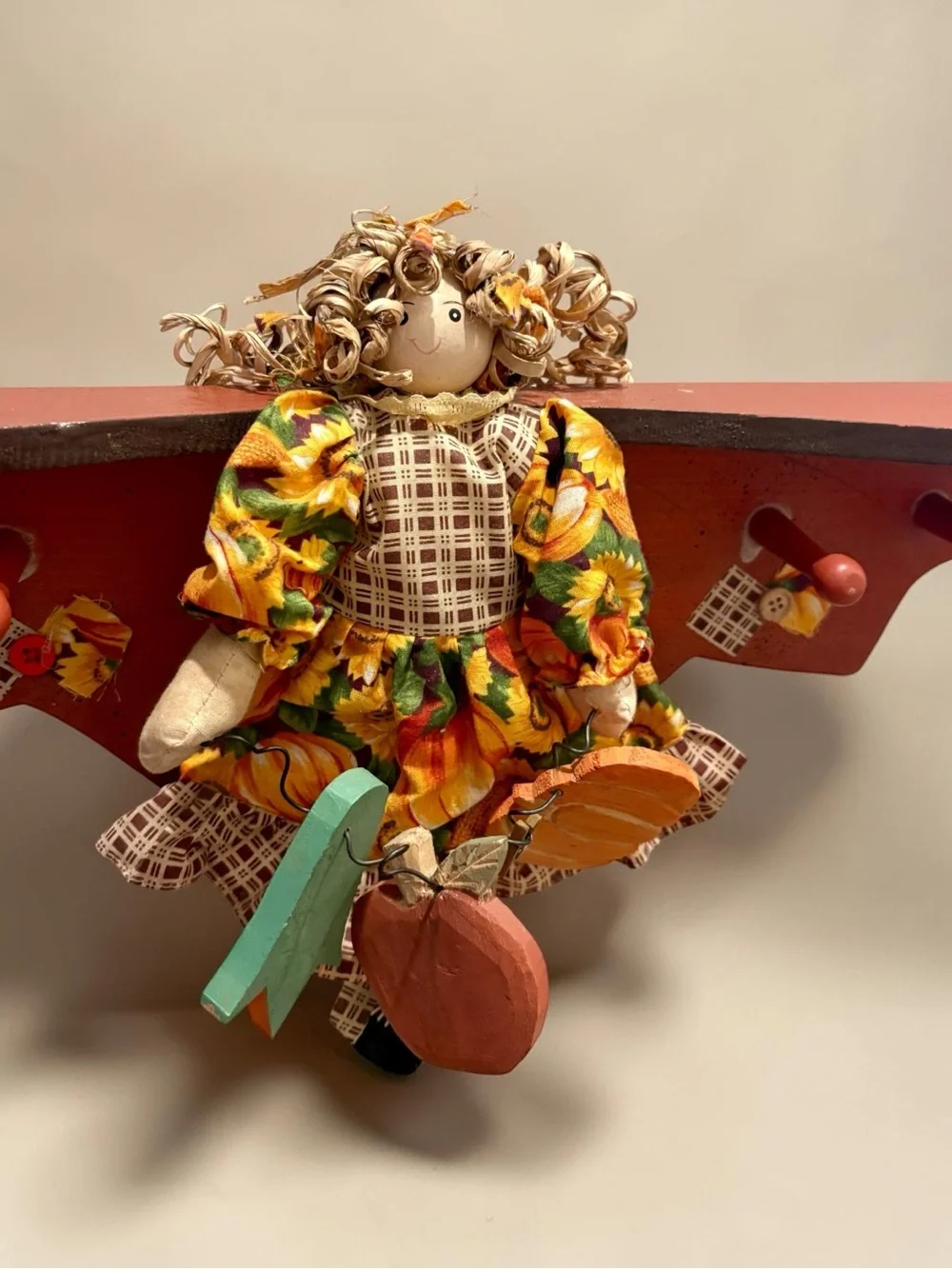Vintage Handmade 20” Wall Shelf w/ Folk Art Primitive Rag Doll Autumn Harvest